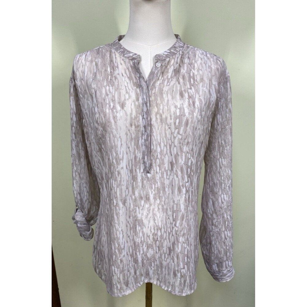 a.n.a. A New Approach Sz M Taupe Abstract Roll Tab Sleeve Sheer Blouse Career
